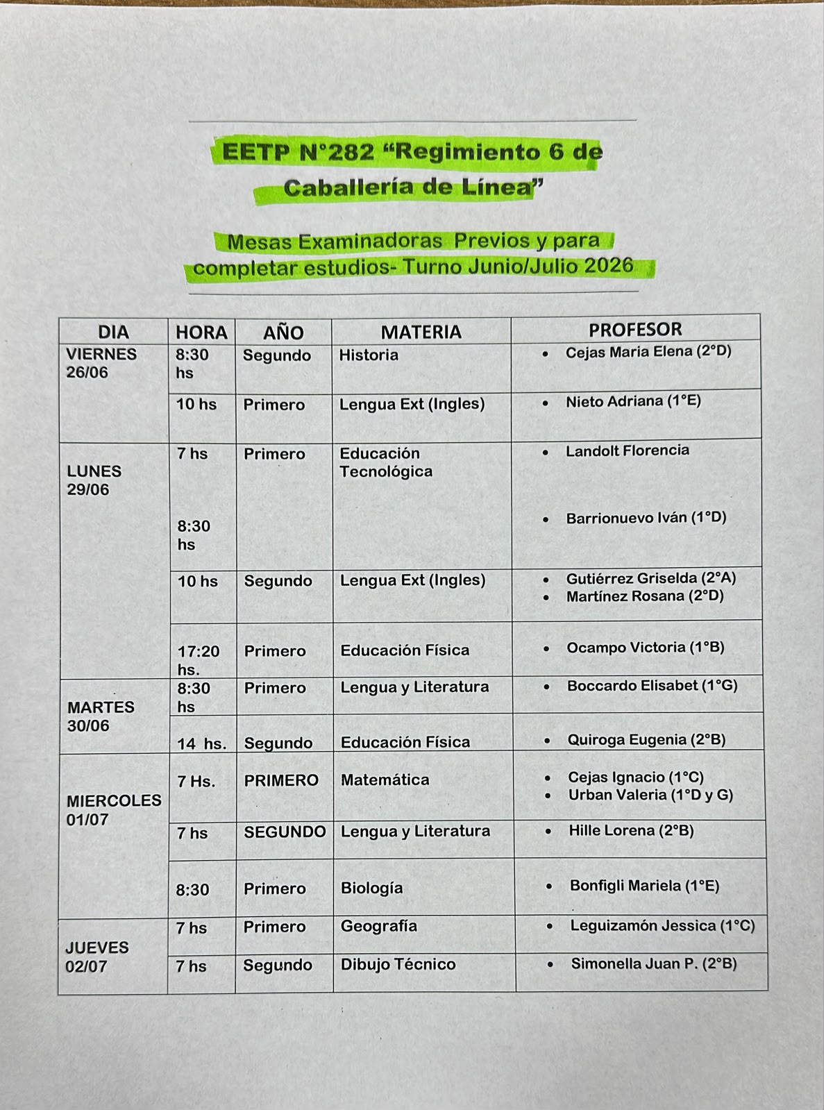 Mesa de exámenes turno mañana